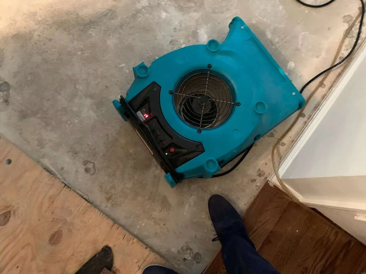 Air mover drying subfloor during Leak Detection & Repair in Gulf Breeze